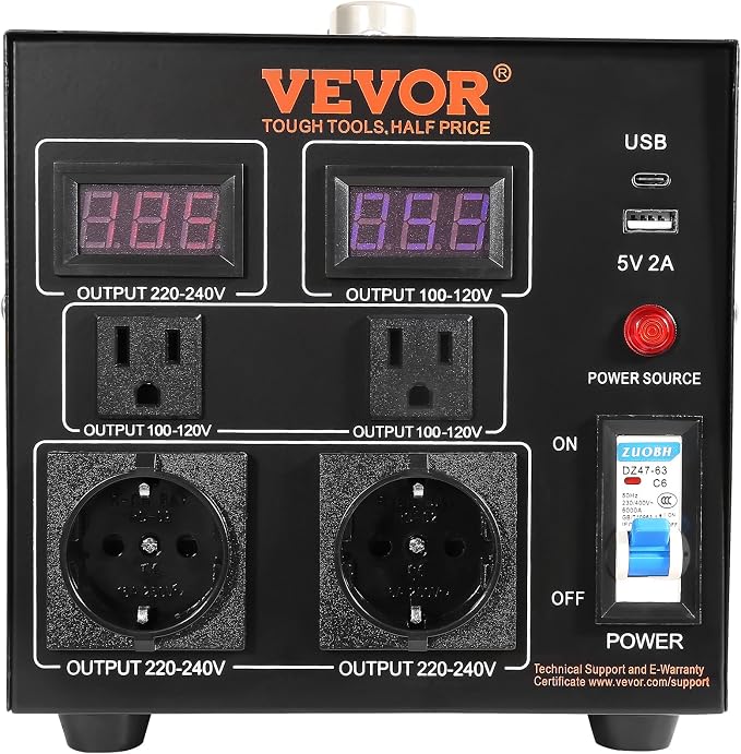 VEVOR Voltage Converter Transformer, 2000W, Heavy Duty Step Up/Down Transformer, Convert from 110 Volt to 220 Volt and from 220 Volt to 110 Volt, with US Outlet EU Outlet 5V USB Port, CE Certified