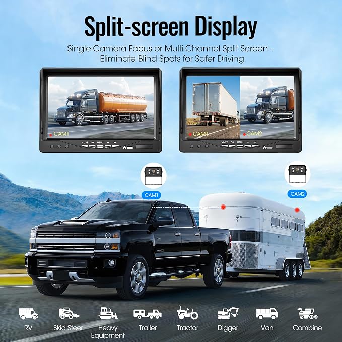 7" AHD1080P Wired Backup Camera System, DVR Rear View Camera, IP69 Waterproof IR Night Vision, 20G Vibration-Proof for Trailer/Tractor/Truck/Combine/Caravan/Skid Steer/Heavy Equipment/UTV, Y6
