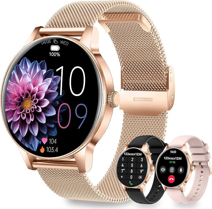 Smart Watches for Women, 1.27" HD Smart Watch for Android Phones & iPhones, Smartwatch Answer/Make Calls, Fitness Tracker with Heart Rate/Sleep/SpO2 Monitor, 110+ Sport Modes, 3 Bands (Rosegold)