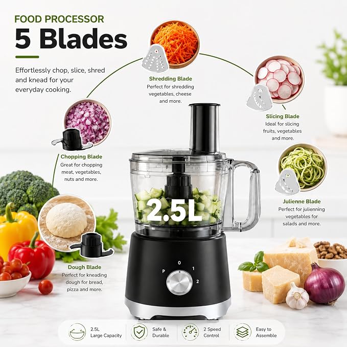 Simple Deluxe Food Processor 10.5 Cup, 2.6QT Multi-use Electric Vegetable Grinder with Slice Shred Chop Knead Functions, Kitchen Appliance for Fruit Smoothie & Dough Mixing, Black