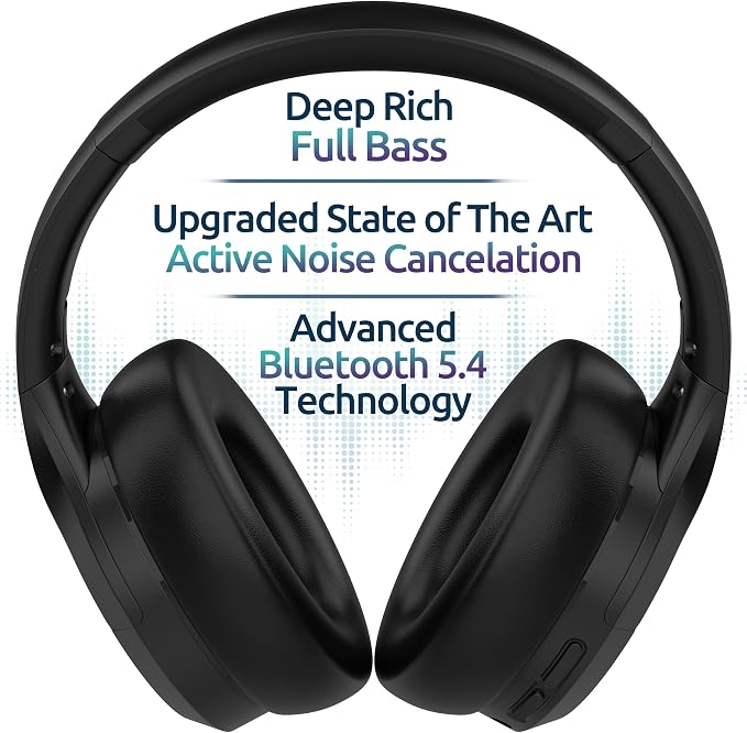 Active Noise Cancelling Headphones, Bluetooth Over Ear, Hi-Fi Stereo,100H Playback Time, High-Resolution Audio, Water Resistant, Deep Bass, Memory Foam Ear Cups, Home, Office, Studio,Travel, Work, Gym