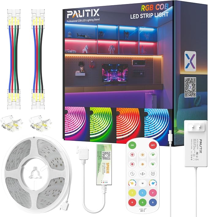 PAUTIX S-COB RGB LED Strip Light,UL-Listed COB LED 24V,Color Changing Strip Lights 20ft/6.1m,Multicolor Flexible Tape Lights with RF Remote for Bedroom,Kitchen,TV Backlight,Game Room,Home DIY Lighting