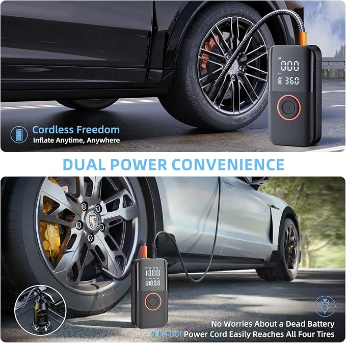Air Pump for Car Tires, 150PSI Cordless Tire Pump, 12V DC & Battery Dual Power, Auto Shut-Off Air Compressor for Car, Motorcycle, Bike, Ball - LED Light & Digital Display, Car Gifts for Women Men