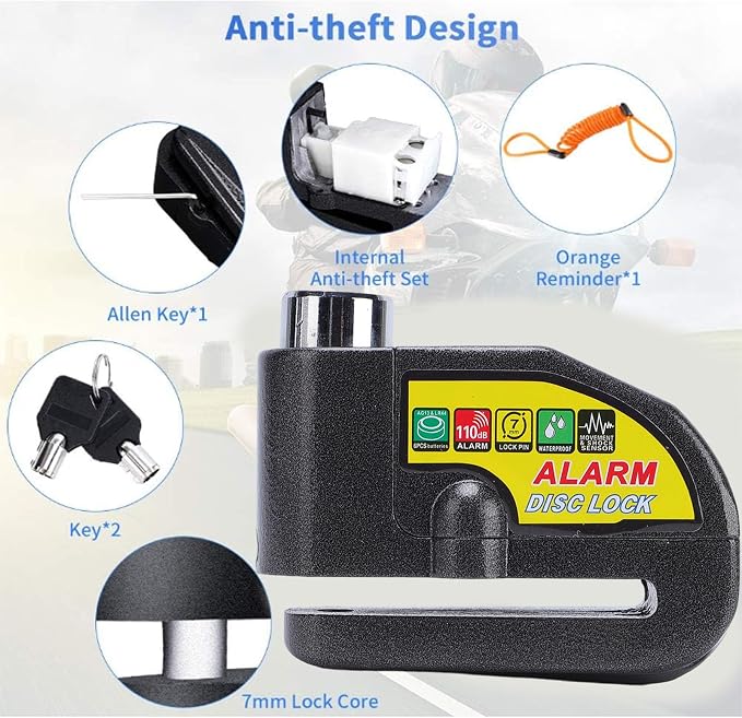 Asixxsix Alarm Disc Brake Lock, Anti Theft Security Wheel Lock with 110dB Alarm & 2 Keys, IP65 Water Proof, 5ft Reminder Cable, for Motorbikes Bikes Scooters