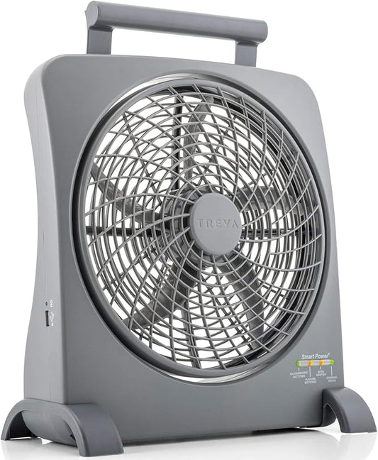 O2COOL Treva 10 inch Rechargeable Portable Fan Smart Power Air Circulator. Plug-In AC Adapter and Battery Powered, USB Charging Port, For Camping Travel and Indoors Use