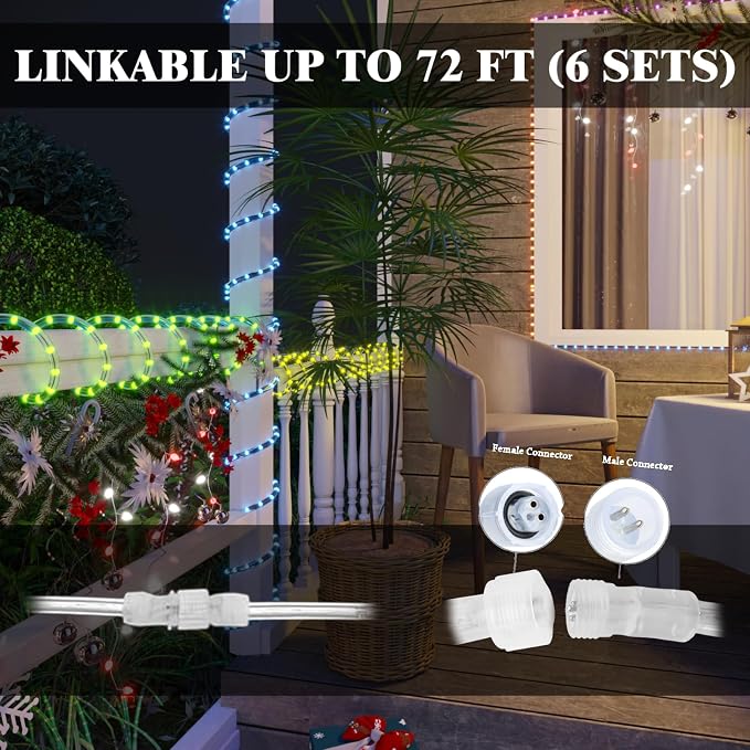 RGB Strip Lights with IR Remote Control, 12FT 72LEDs RGB LED Outdoor Rope Lights, 13MM Waterproof Neon LED Lights 500+ Colors for Bedroom Living Room Patio Christmas Decor (12ft)