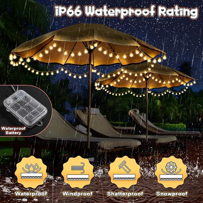 2 Pack 32 Feet Patio Umbrella Lights, 8 Lighting Modes LED String Lights with 64 Pcs Shatterproof Globe, Remote Control Battery & USB Powered, Waterproof Hanging Light Decorate for Patio