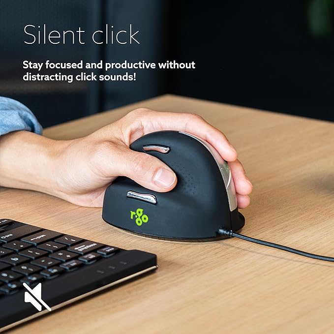 R-Go HE Vertical Ergonomic Mouse, for Large Left-Handed, with Break Software, USB-C Wired, Prevents Tennis Elbow/Mouse Arm RSI, Silent Click, 5 Buttons - Compatible Windows/MacOS, Black/Silver