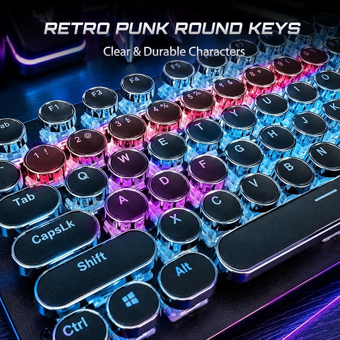 RK ROYAL KLUDGE S108 Typewriter Mechanical Keyboard, Wired Gaming Keyboard with Number Pad, Full Size Retro Keyboards w/Detachable Wrist Rest for Mac/Win/PC, Clicky Blue Switch, Rainbow Backlit Black