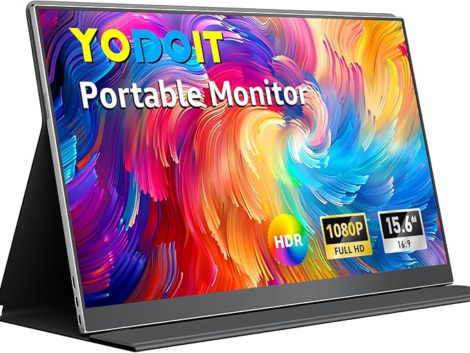 Yodoit Portable Monitor for Laptop Screen Extender, 15.6" 1920×1080 FHD IPS Display with USB Type C Port, Speakers and Smart Cover Compatible with PC, MacBook, Xbox (Black)