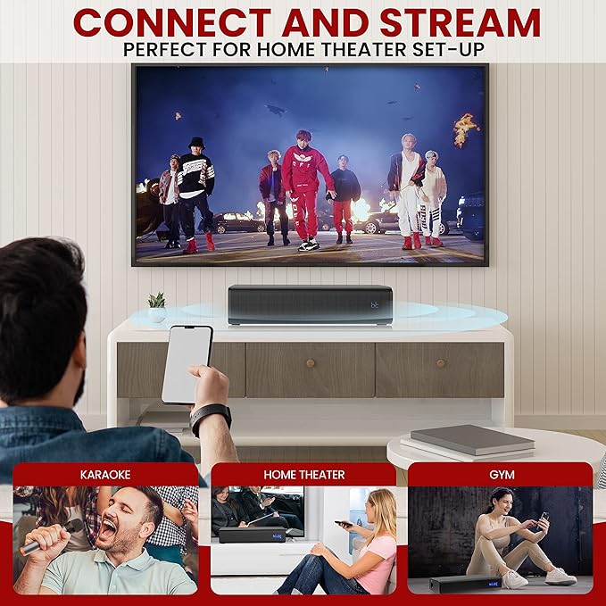 Pyle Wireless Soundbar with Mic and Remote Control, 10 inches 20W 2 Wireless Microphones, 5.0, A2DP, AVRCP Bluetooth Karaoke Sound System, USB, AUX-in, AUX Out,Black