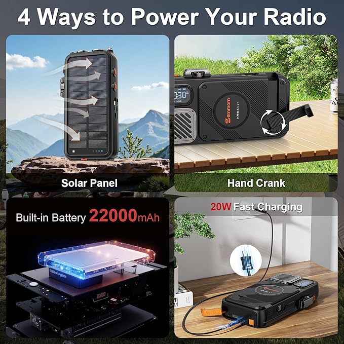 Emergency Radio&22000mAh Solar Power Bank, FM NOAA Weather Radio, Portable Hand Crank Bluetooth Radio, 20W Fast Charge Wireless Phone Charger, SOS Flashlight for Emergency/Home (Orange)