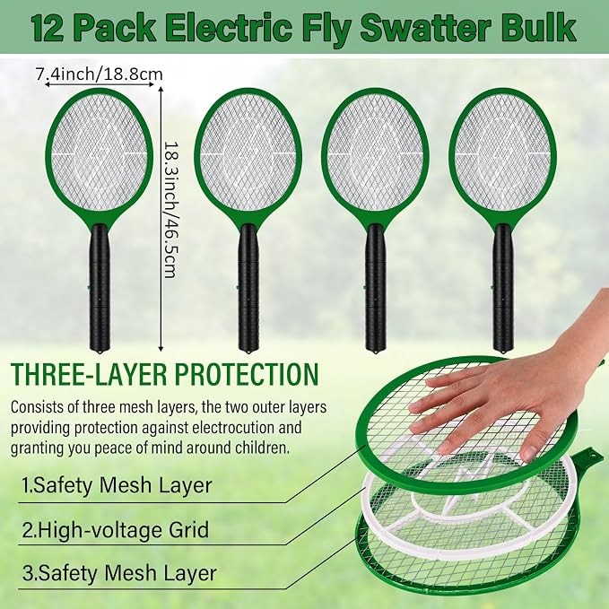 12 Pack Electric Fly Swatter Bulk Bug Zapper Rackets for Indoor Outdoor Insect Control Killer Bat Handheld Mosquito Swatter Battery Powered Electric Bug Killer for Home Patio Camping (Green)