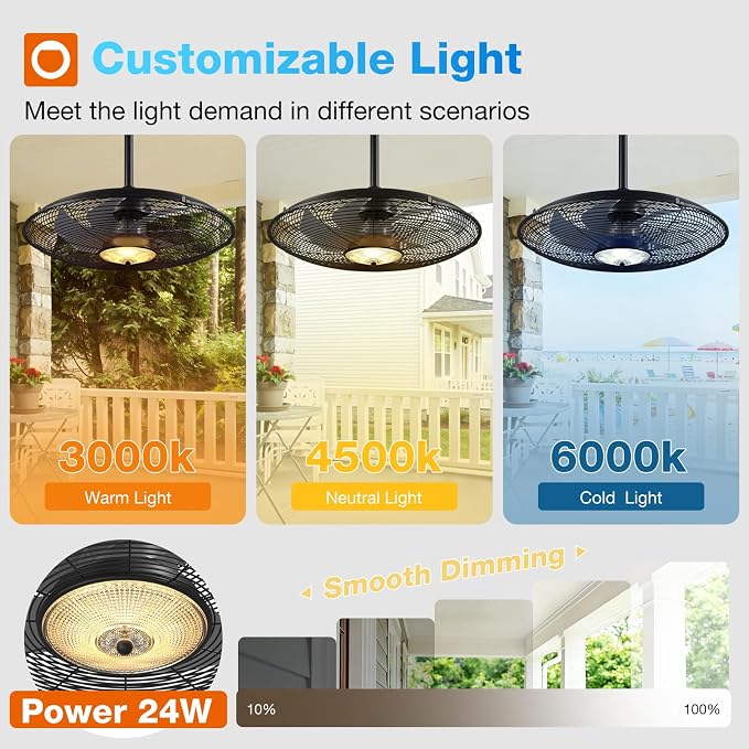 addlon Outdoor Ceiling Fan with Light for Patios, 24 inch Black Waterproof Gazebo Fan with Remote&APP Control, Reversible, Dimmable, Plug in Hook Mount Portable Fan for Garage Pergola Porch Canopy