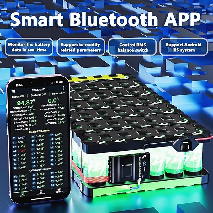 JKBMS Smart BMS with Heat CAN RS485 8S-24S 24V-72V 200A 2A Active Balance with Bluetooth Battery Protection Board for LiFePO4 Li-ion LTO Battery Pack (JK-B2A24S20P-HC)