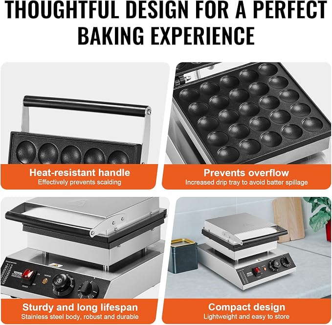 VEVOR Mini Dutch Pancake Maker, 25PCS 43mm Diameter Dorayaki Baker Machine, 1700W Commercial Electric Poffertjes Grill, Non-stick Stainless Steel, Temp & Time Control, for Home Kitchen Restaurant