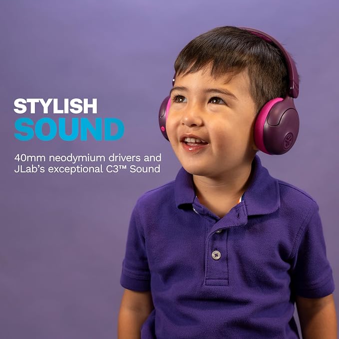 JLab, JBuddies ANC, 2 in 1 Kids Headphones, Active Noise Cancelling Wireless + Wired Over Ear, Purple/Pink