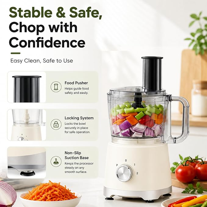 Simple Deluxe Food Processor 10.5 Cup, 2.6QT Multi-use Electric Vegetable Grinder with Slice Shred Chop Knead Functions, Kitchen Appliance for Fruit Smoothie & Dough Mixing, White
