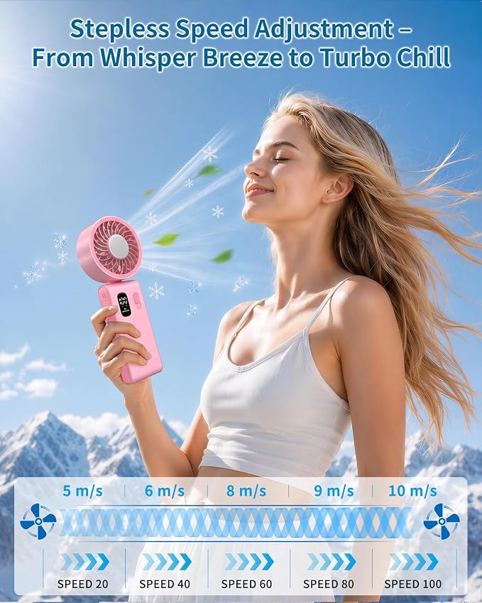 Portable Handheld Fan with Ice Cooling, 100 Speed Rechargeable Mini Desk Fan, Up to 12Hrs Cooling, Powerful Folding Personal Fan for Travel, Camping, Office (Pink)