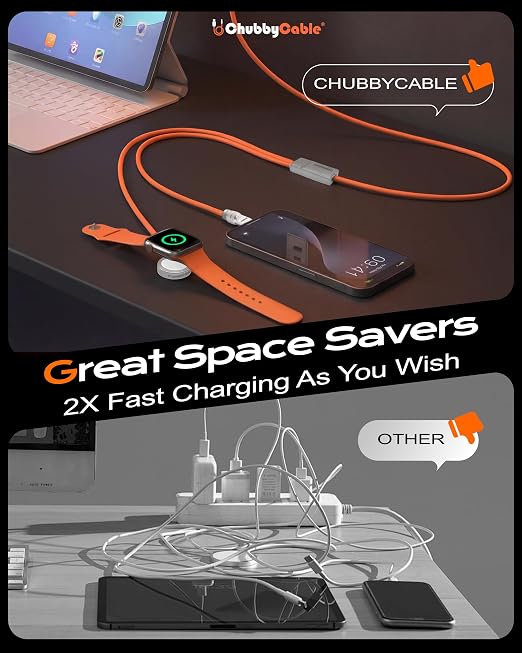 chubbycable Duo-Core Flex 2-in-1 USB C Cable 100W Fast Charging 5W [40Mins 80%] Magnetic Apple Watch Charger 4FT Soft Silicone Compatible with iWatch, iPhone, iPad, MacBook, AirPods, Orange