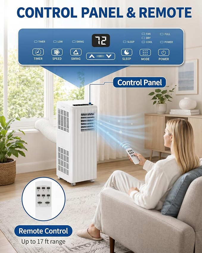 Portable Air Conditioners 8000 BTU Portable AC Unit, 3-in-1 Cooling Dehumidifier Fan, Remote Control, Sleep Mode, 24H Timer for Bedroom Dorm Office Up to 350 Sq Ft White