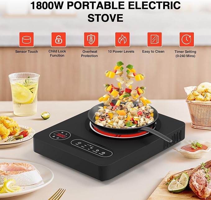 Single Burner Electric Cooktop 1800W - 110V Electric Stove Top Burner Portable Stove with LED Touch Control 10 Power Level, Hot Plate with Child Safety Lock, Timer and Overheat protection