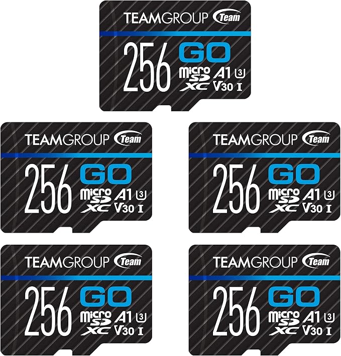 TEAMGROUP GO Card 256GB x 5 Pack MicroSDXC UHS-I U3 V30 4K for Action Cameras & Drone High Speed Flash Memory Card with Adapter for Outdoor Sports&Vlog, 4K Shooting,GoPro&Insta360&DJI TGUSDX256GU363