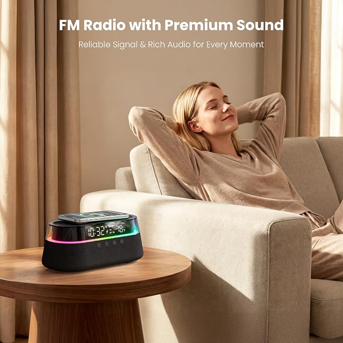 6-in-1 Bluetooth Speaker Alarm Clock with Remote, FM Radio & Dimmable LED Night Light, 15W Fast Wireless Charger, Dual Digital Clock for Bedroom Home Office, Ideal Gifts for Him, Men Women