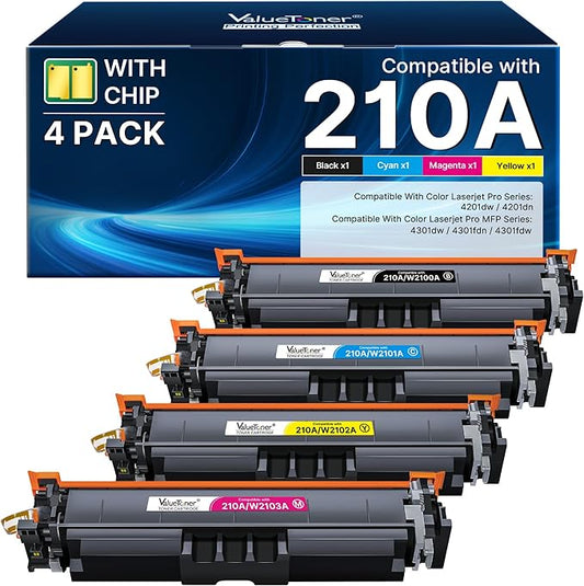 210A Toner Cartridges 4 Pack (with Chip) - Replacement for HP 210A 210X Toner Cartridges for HP Color LaserJet Pro MFP 4301fdw Toner, MFP Pro 4301fdn 4201dw 4201dn 4301 4201 Series Printer W2100A