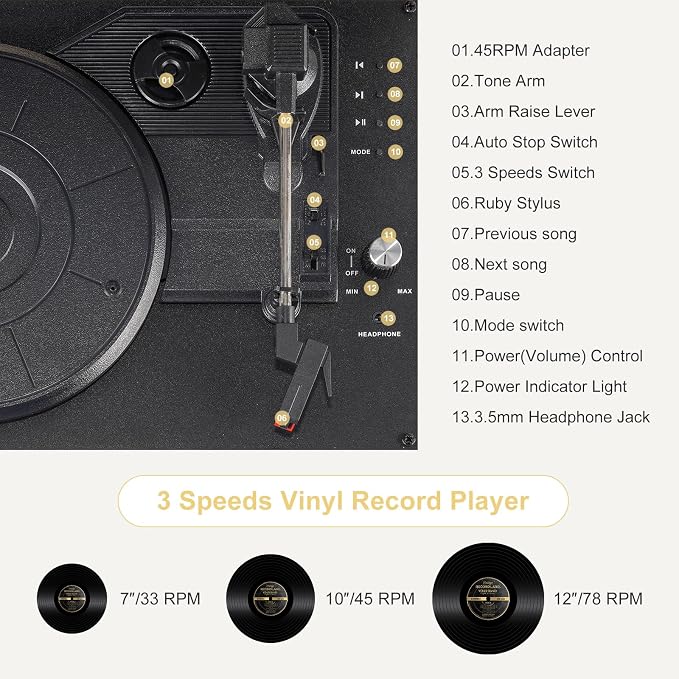 Portable Bluetooth Record Player with USB Playback Rechargeable Battery and Built in Speakers 3 Speed Turntable in Retro Suitcase Design for Home Bedroom or Outdoor Use