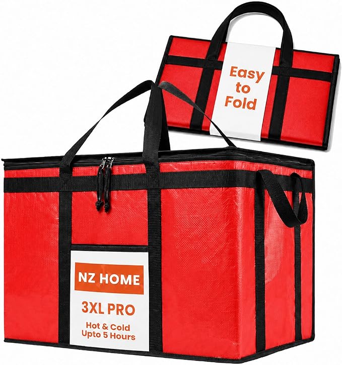 NZ home Insulated Bags for Food Delivery (3XL PRO) Grocery Shopping Cooler Bag, Pizza Delivery, Hot & Cold Catering Tote, Reusable, Foldable & Heavy Duty (Red)