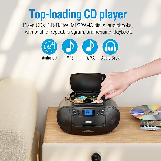 MEGATEK CBR510 Portable CD/Cassette Player Boombox with Bluetooth, AM/FM Radio, USB Playback, AUX Input, Headphone Jack, LCD Display, AC/Battery Powered Stereo System for Home