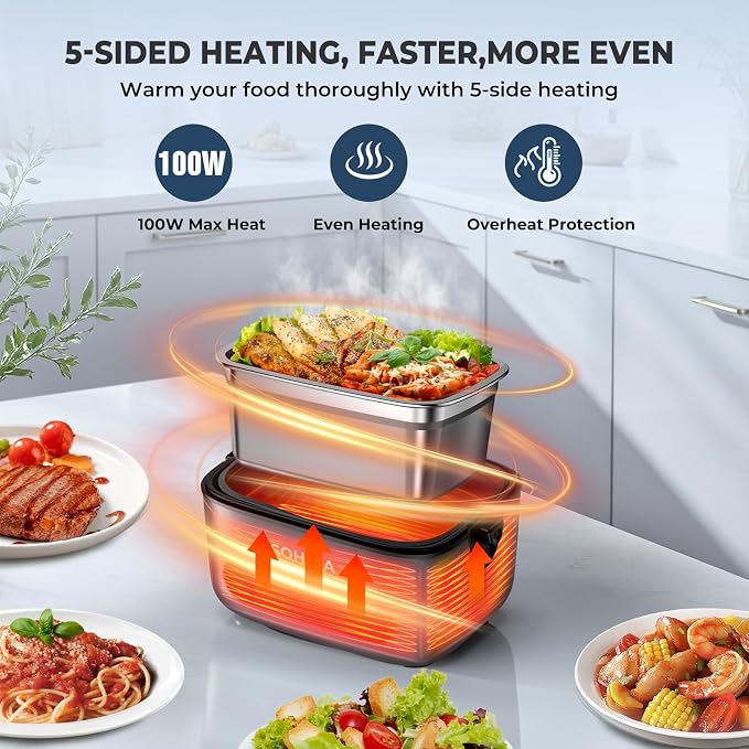 SOHIDA Cordless Heated & Electric Lunch Box for Adults – 100W 1.2L 24000mAh Rechargeable Battery, Portable Self-Heating Food Warmer for Car/Truck/Office/Worker