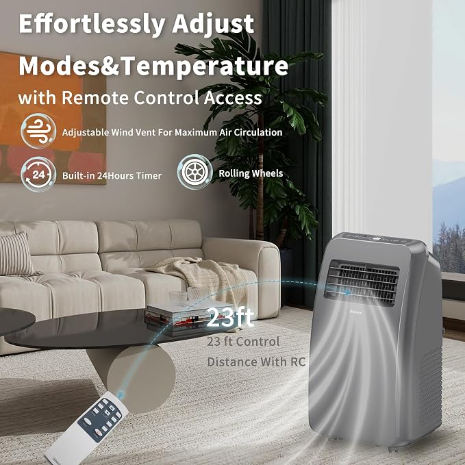 Shinco 8,000 BTU Grey Portable Air Conditioner - 3-in-1 Cool/Dehumidifier/Fan for Rooms Up to 350 sq.ft, Remote Control & 24H Timer, Compact AC Unit for Bedroom/Office