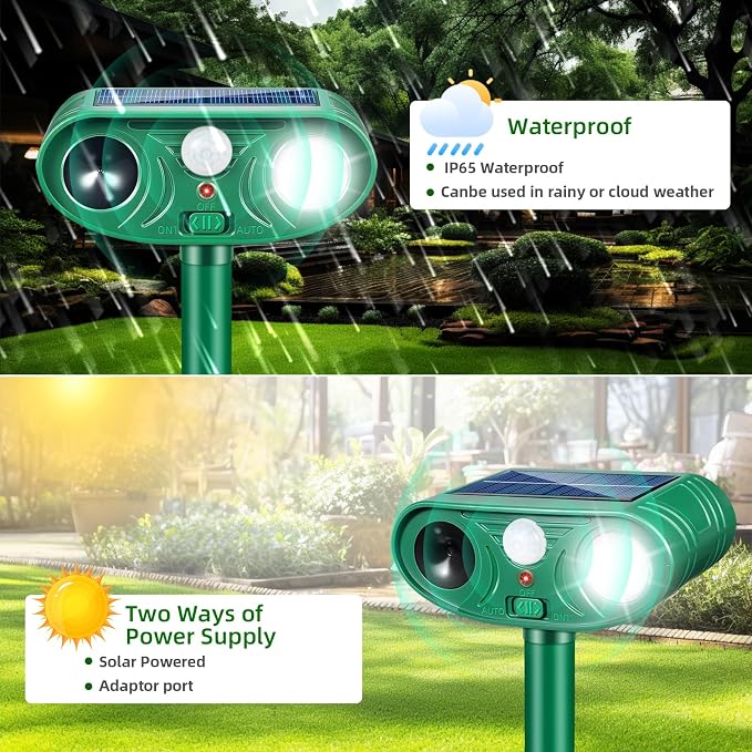 2026 Solar Ultrasonic Animal Repellent IP65 Waterproof Deer Repellent Devices Motion Activated Cat Deterrent Outdoor with Flash Light to Keep Squirrel Rabbit Raccoon Out of Garden & Yard, 4 Pack