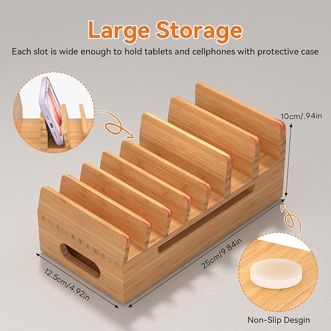 Bamboo Charging Station with Watch Stand, Docking Holder for Multi Device with 5 Charge Cables, Desktop Dock Stations Electronic Organizer for Cellphone, Tablet, Watch(No USB Charger)-Natural Bamboo