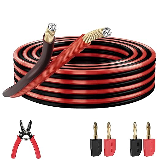 14AWG Speaker Wire 50 FT, 14/2 Gauge Audio Speaker Wire Kits with Cable Cutter Banana Plugs Tool, Polarity Marker, 2 Conductors Zipper Wire for Car Speakers Stereo, Home Theater, Surround Sound ,CCA