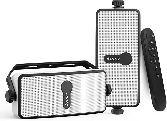 Inwa Upgraded 200W Outdoor Bluetooth Speakers Pair - IPX5 Waterproof Wall Mount Stereo Speaker, Wireless Multi-Speaker Connection with Auracast, Sound System w/Aux for Porch, Patio, Garage, Home