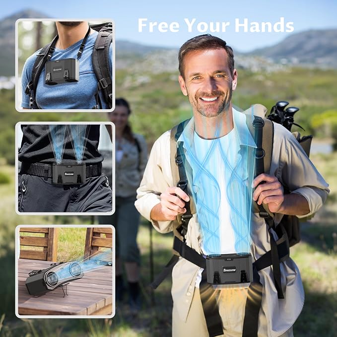 BREEZOME Portable Waist Fan with Belt, Rechargeable Strong Airflow Personal Shirt Fan, up to 30H of Working Time, Hands-Free Hanging Belt Fan, Wearable Body Fan for Camping, Outdoor