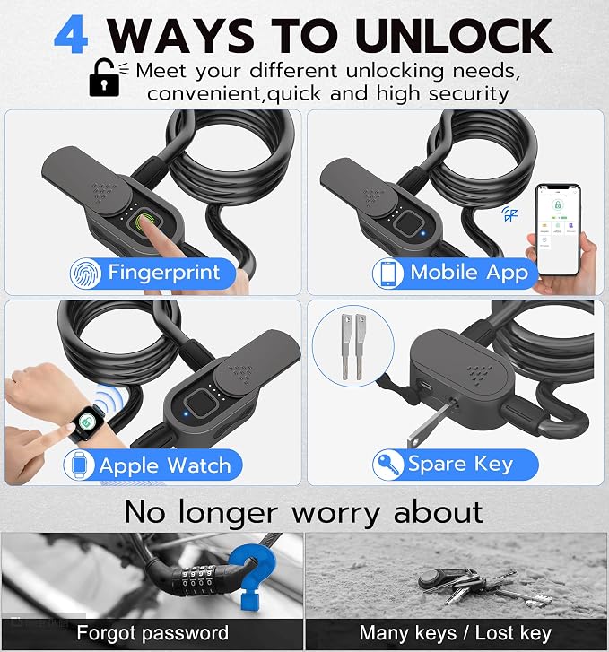 Anweller Fingerprint Bike Lock with Key, Heavy Duty Anti-Theft Weatherproof Keyless Bluetooth App Biometric Smart Cable Lock for Bicycle Scooter Accessories Outdoor Fence Gate Snowboard Ski