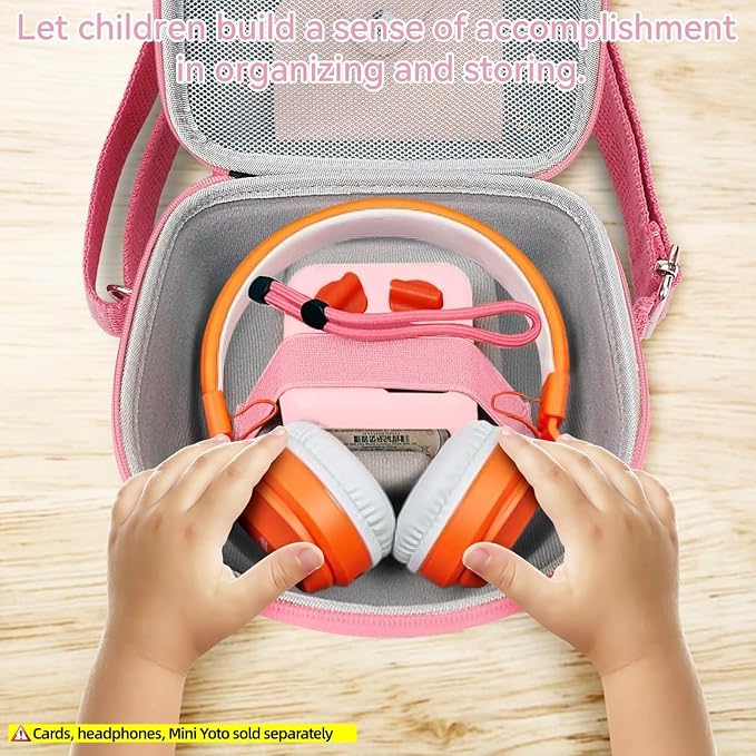 Hard Case Compatible with Yoto Mini (2024 Edition), 3-in-1 Travel Bundle: Silicone Cover + Case with Shoulder Strap (Fits Mini Player & Headphones) + Up to 10 Card Holder for YOTO Cards (Pink)