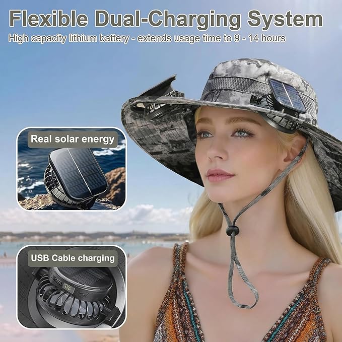 Outdoor Wide Brim Sun Hat with 2 Solar Powered Fan, Bucket Hat for Men Women, Fishing, Gardening & Beach Hat for Men