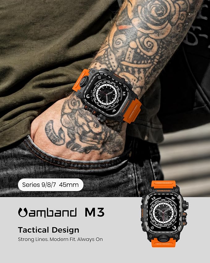 amBand Rugged Case with Band for Apple Watch 45mm, Compatible with Apple Watch (iWatch) Series 9/8/7, Military Grade Shockproof Bumper Cover, Tactical Band for Men, Orange