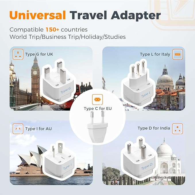 TESSAN Compact 220V to 110V Voltage Converter US to Europe, Universal Travel Adapter with 2 AC Outlets and 2 USB (1 USB-C), 200W Small Power Converter with EU/UK/AU/IT/India Plugs for Travel