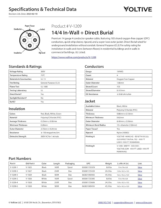 Voltive 14/4 Speaker Wire, in-Wall CL3 & Direct Burial, White, 500ft - 14AWG, 4 Conductors, Stranded Oxygen-Free Copper, UL Listed - V-1209-6