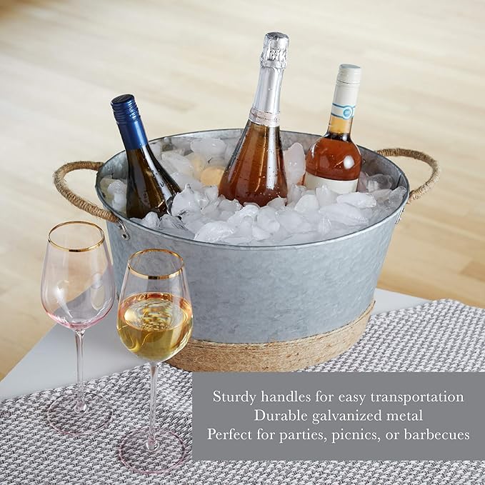 Twine Seaside Jute Rope Wrapped Farmhouse Galvanized Ice Metal Beverage Tub, Wine, Beer Bottle Bucket, 4.5 Gallons