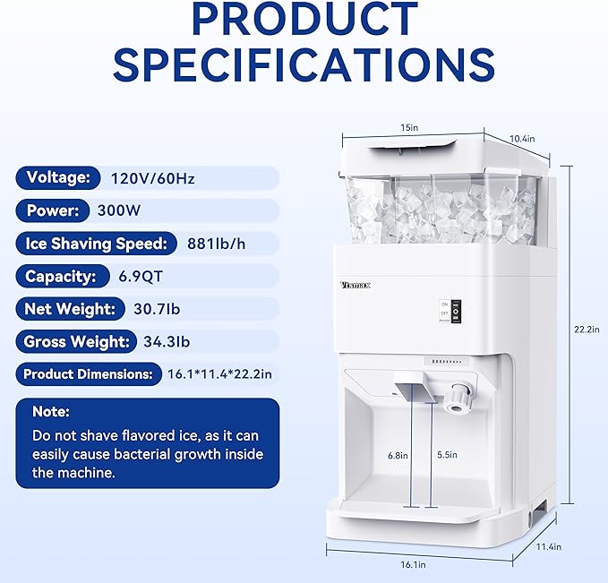 Electric Ice Shaver Machine, 300W Shaved Ice Machine, Thickness Adjustable Snow Cone Machine 881LBs/hr Rotate Speed & Strong Power for Home and Parties Events Snack Bar (6.9Qt)