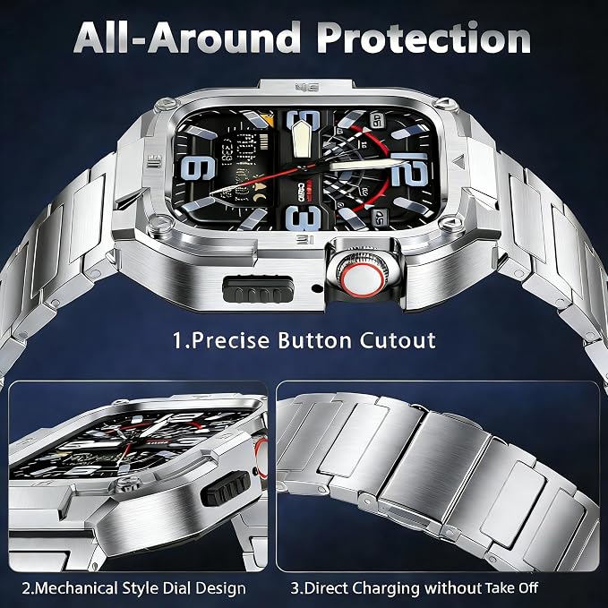 Casual Stainless Steel Band/Case Compatiable for 45mm Apple Watch Band for Men, Rorust Metal Apple Watch Bumper Case Cover with Solid Replacement Strap for iWatch Band Series 9 8 7,Silver
