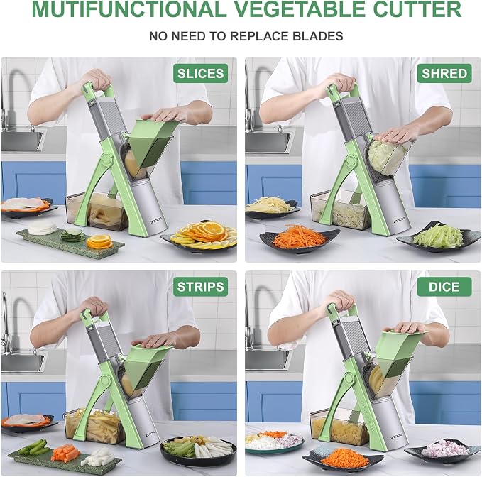 [All in 1] Upgraded Version Safe Mandoline Slicer for Kitchen, Adjustable Thickness. Veggie Slicer, Rapid Prep Mandoline, Detachable Blade, Cleaning Brush (Green)