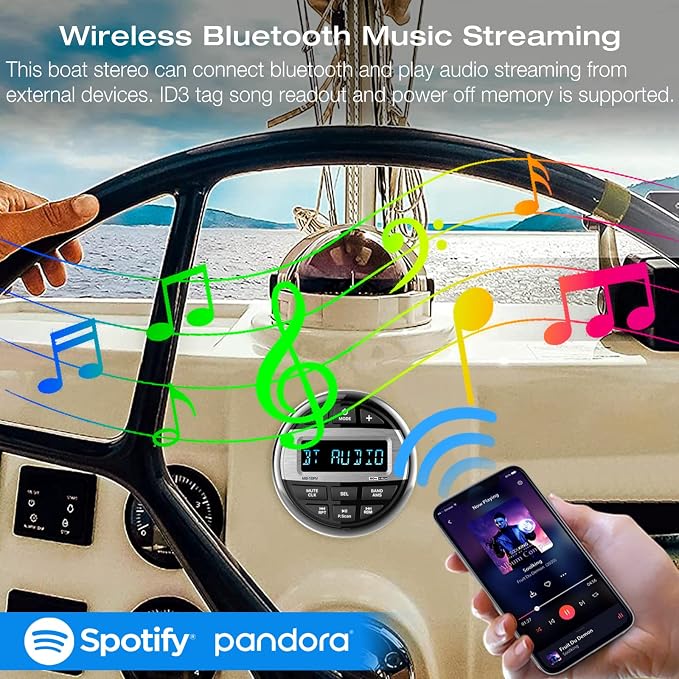 Bluetooth Marine Radio Boat Stereo: Waterproof Boat Audio Receiver - Digital Marine Grade Player with FM AM Radio USB AUX-in Subwoofer Pre-Amp EQ